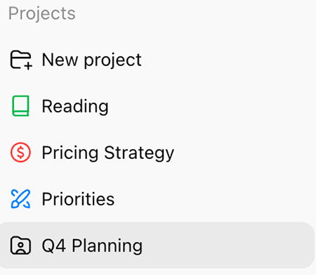 ChatGPT Projects sidebar showing a New project action and separate project spaces.