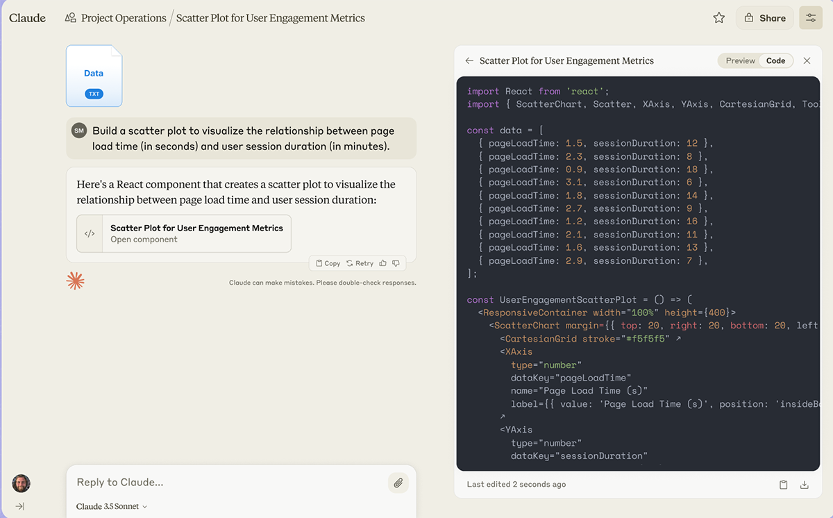 Claude project workspace with a data file, conversation, and generated code for a scatter plot.