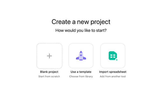 Asana Create a new project screen with options to start a blank project, use a template, or import a spreadsheet.