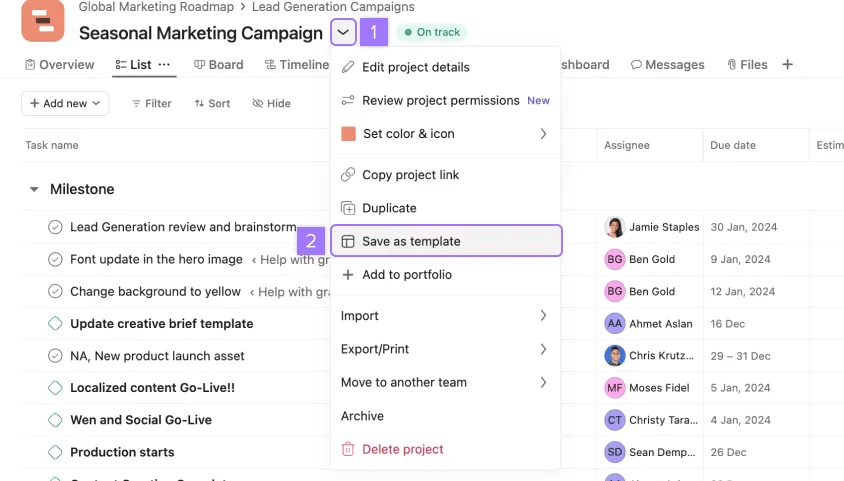 Asana project menu with Save as template selected for a Seasonal Marketing Campaign.
