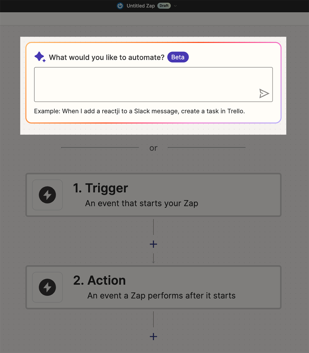 Zapier workflow builder asking what the customer would like to automate above Trigger and Action steps.