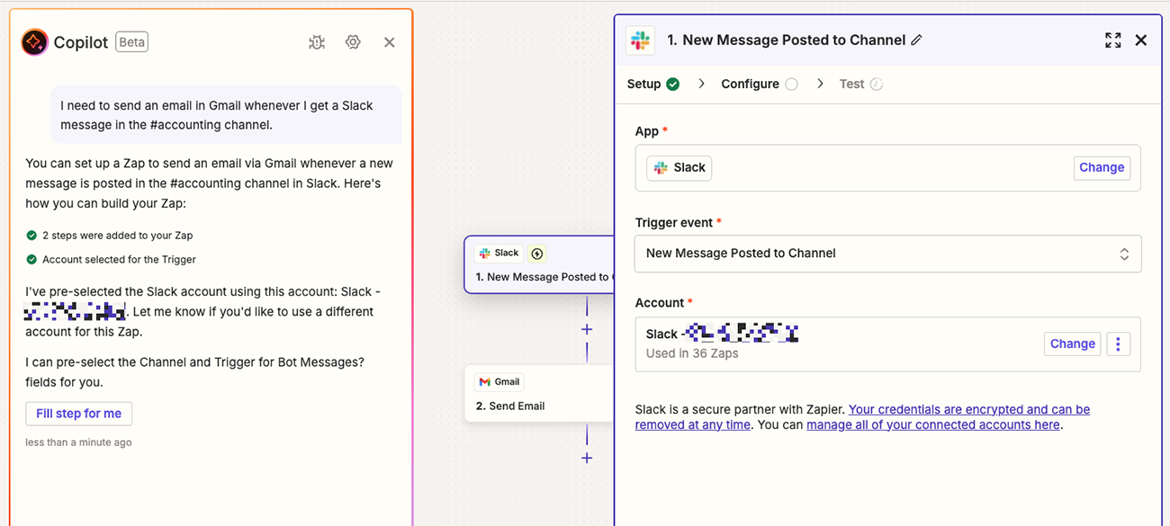 Zapier Copilot translating a Slack-to-Gmail request into a two-step automation workflow.