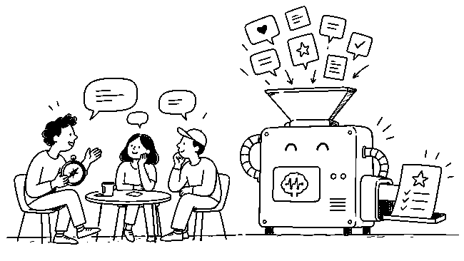 A founder discusses customer needs while holding a compass, alongside an AI machine that turns feedback into recommendations.