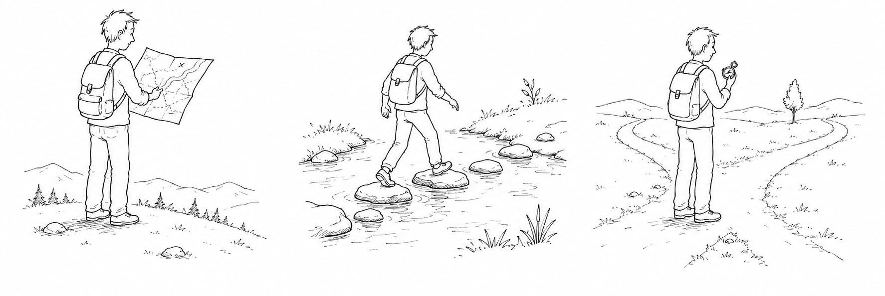 The three scenes represent understanding, proceeding, and choosing.