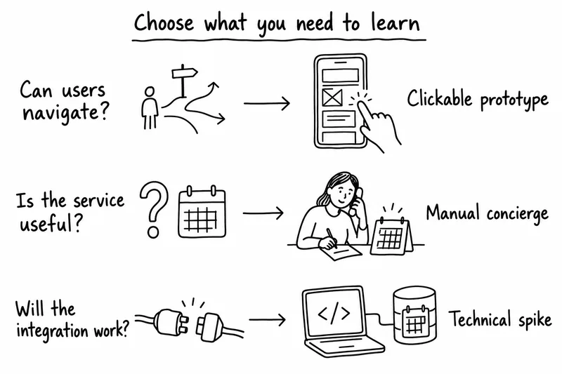 Match the uncertainty to a prototype: clickable screens for navigation, a manually delivered service for usefulness, and a technical spike for an integration question.