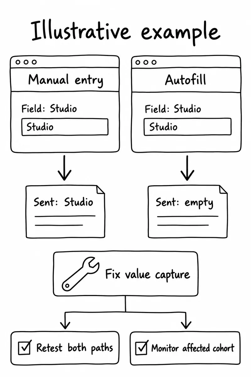 Illustrative autofill investigation: two populated fields submit different values. Correct the value capture, retest manual entry and autofill, then monitor the affected cohort.