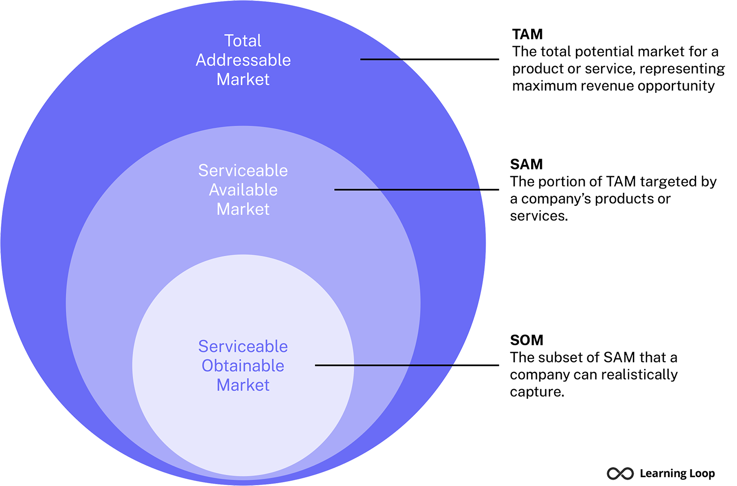 Total Addressable Market (TAM), Serviceable Addressable Market (SAM, and Serviceable Obtainable Market (SOM).
