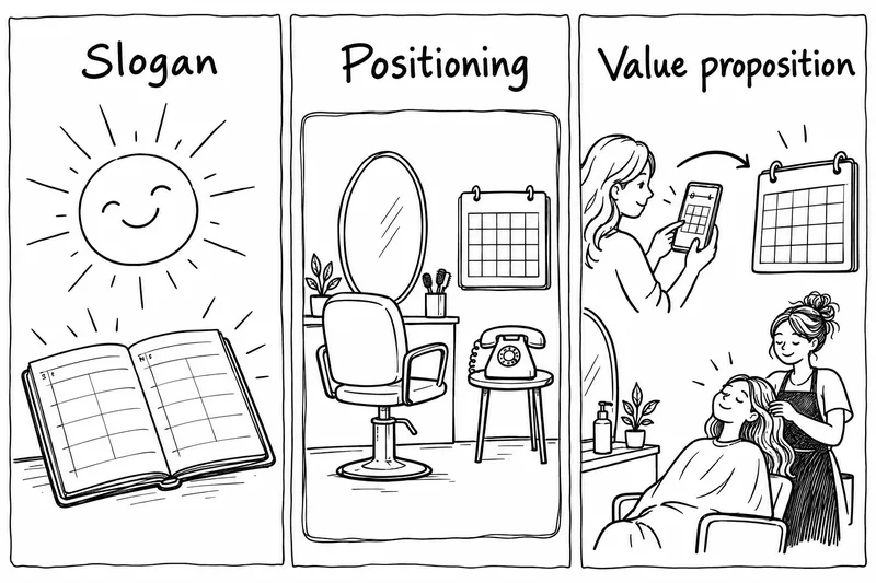 Three ways to describe a hypothetical salon scheduling service: a slogan, a positioning choice and a proposed value proposition. The promise of less coordination is an assumption to test, not a proven result.