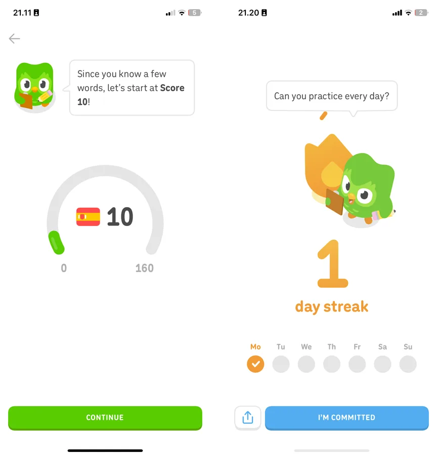 Two Duolingo sign-up screens: a score gauge starting at 10 out of 160, and a one-day streak with the first day of the week ticked.