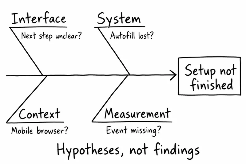 Illustrative fishbone diagram for unfinished setup, with possible causes under Interface, System, Context and Measurement, explicitly labelled hypotheses rather than findings