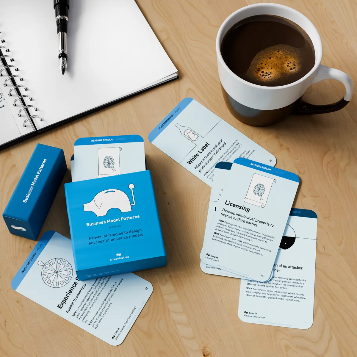 Business Model Patterns cards spread out on a desk next to a notebook and a cup of coffee