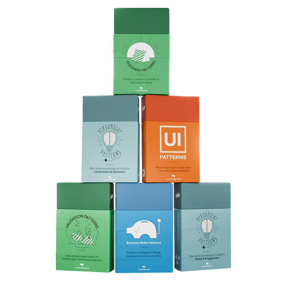 Six Learning Loop card decks stacked together: Discovery, Validation, Business Model, UI and both Persuasive Patterns editions