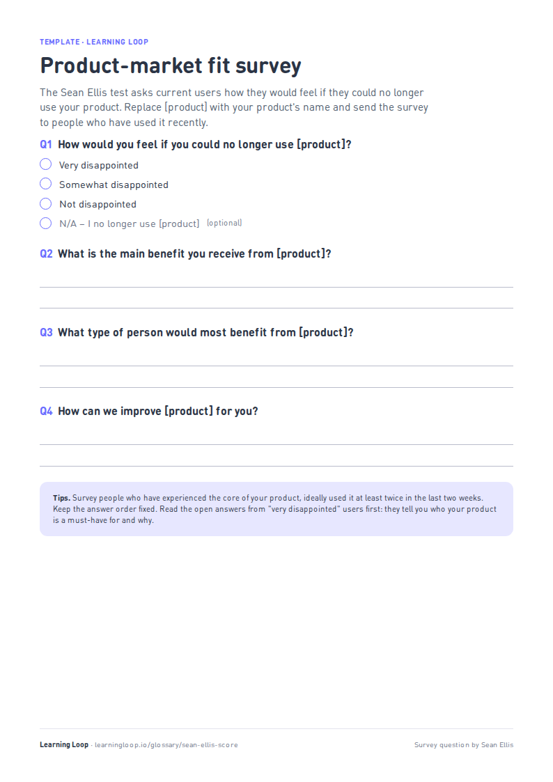 Preview of the Product-market fit survey template