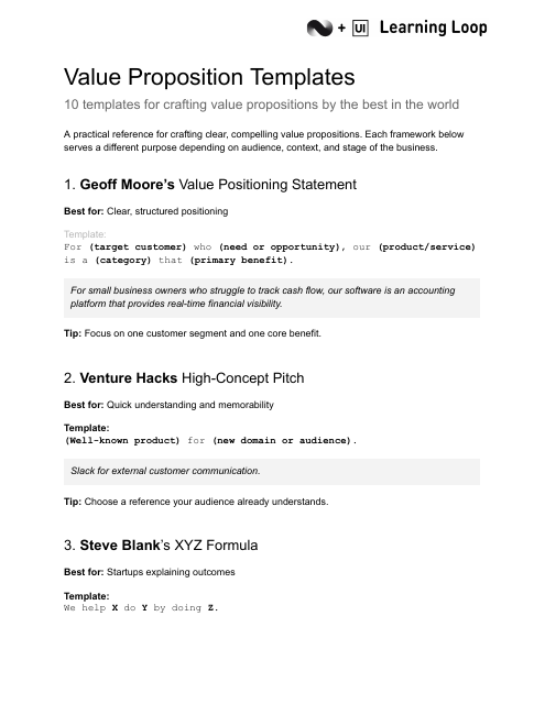 Preview of the Value proposition cheat sheet